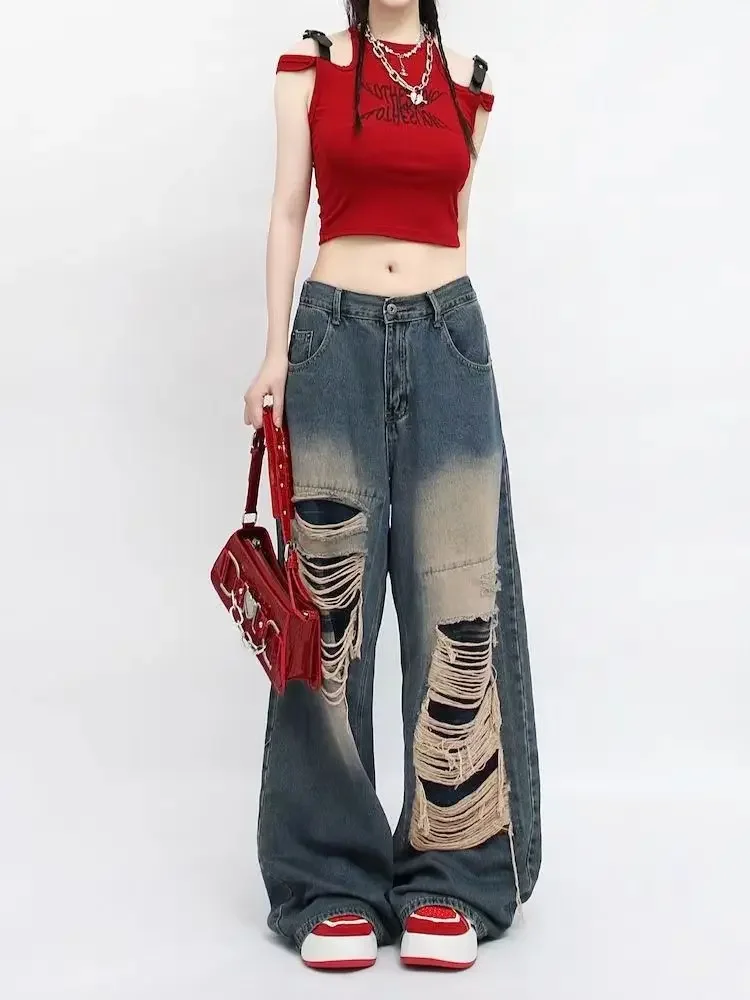 2024 Sommer High Taille Design Sinn zerrissene Jeans für Frauen schlanke lose Tropfen weites Bein Hosen für Frauen Hosen