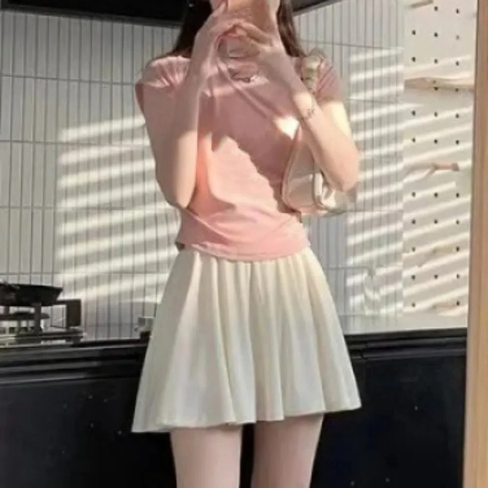 

Sweet Ice Silk Pleated Skirts Women Elastic Waist Solid Color Skirts with Safty Pants Straight All Match A-line Mini Skirt Girls
