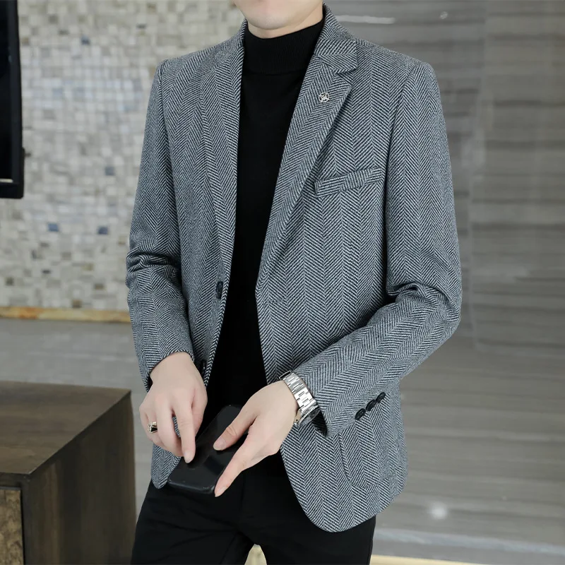 1-A143  Men's Korean Style Slim Fit Woolen Suit Men's Single Top Jacket Autumn and Winter New Business Casual Suit