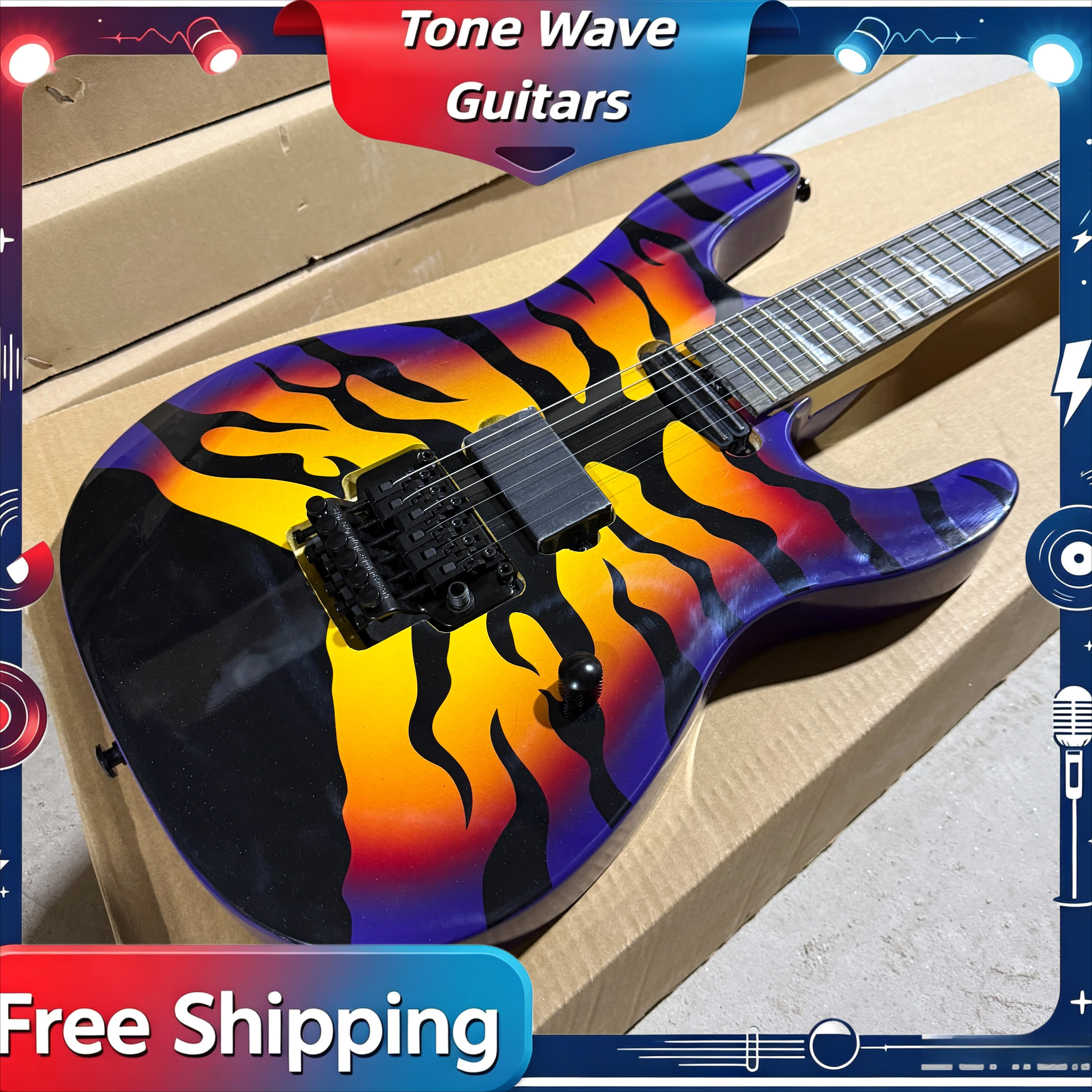 Special Offer Electric Guitar Purple Yellow Gradient Flame Tiger Pattern Double Shake Heavy-duty Mahogany Body Unisex Beginner