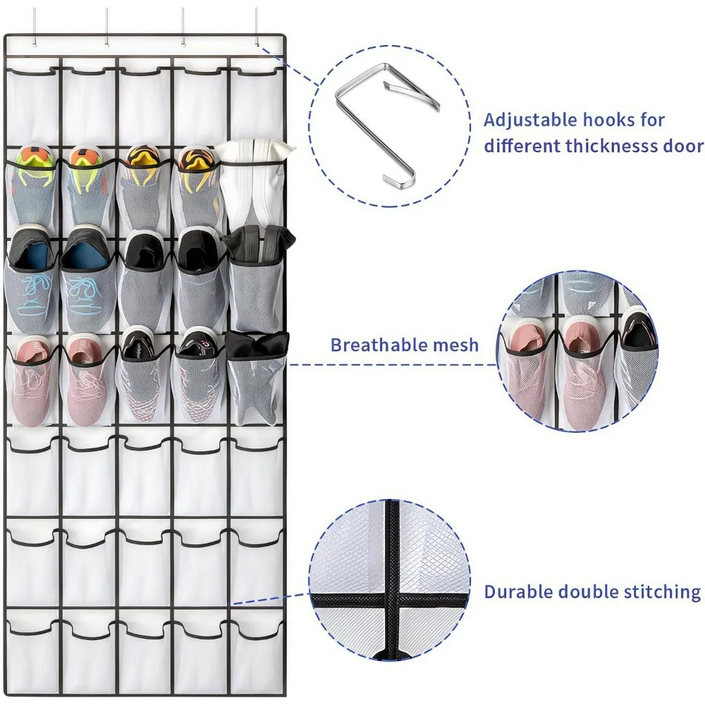 35 Pockets Over Door Shoe Organizer, Hanging Storage with Mesh Pockets, Large Capacity, 4 Metal Hooks, White view 2