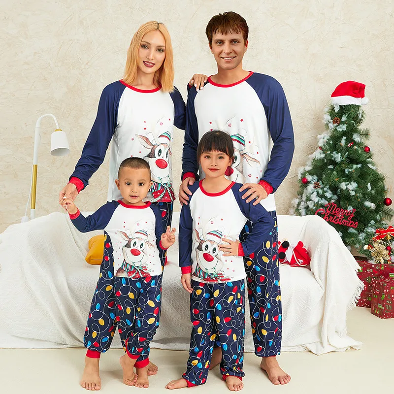 

Christmas Matching Family Pajamas Santa Claus Reindeer Snowman Print Top Snowflake Print Bottoms