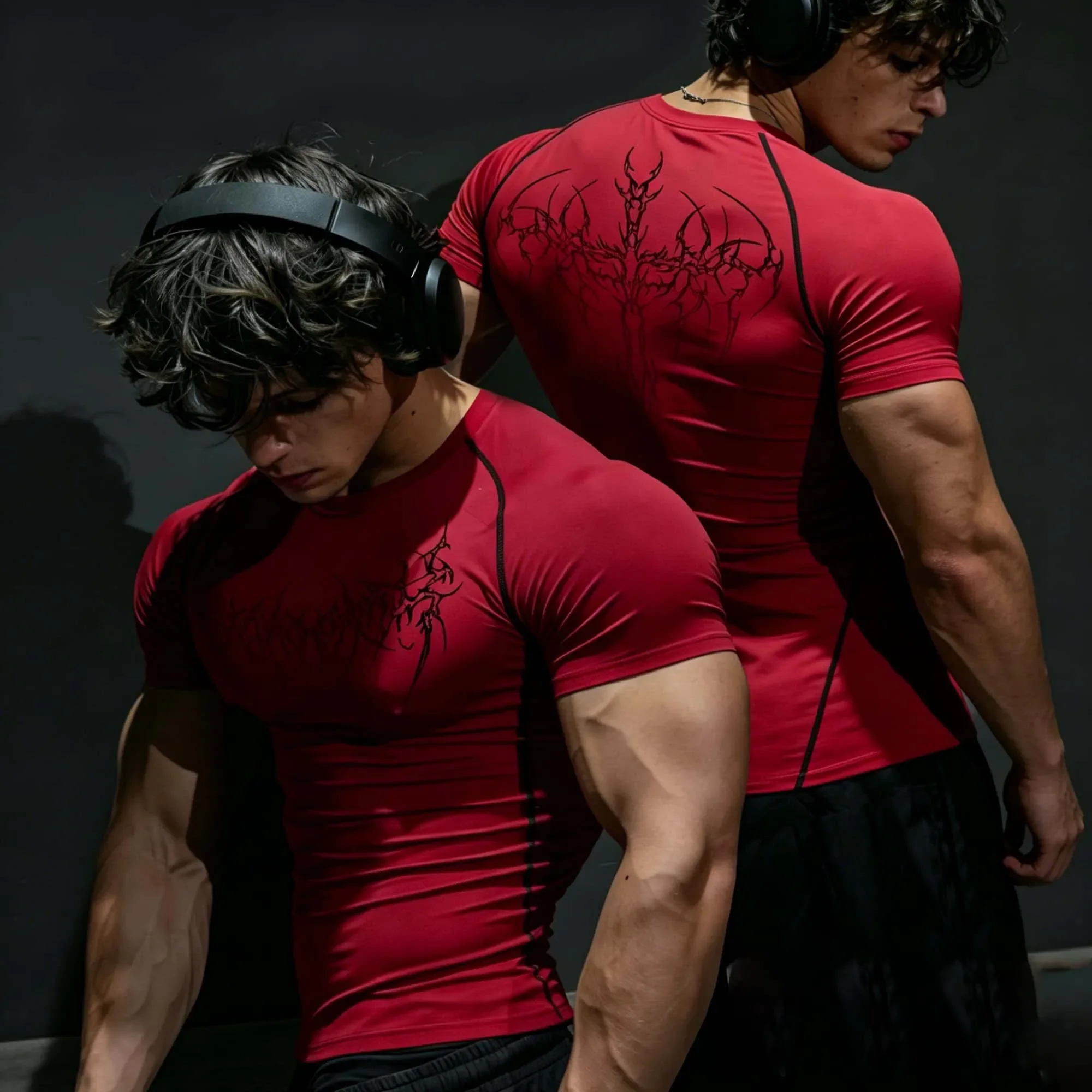 Herren-Kompressions-T-Shirt mit Gothic-Dornen-Print, schnelltrocknend, elastische Kurzarm-Ärmel, geeignet für den täglichen Freizeitgebrauch, Fitness und Outdoor-Aktivitäten. – Detail 4