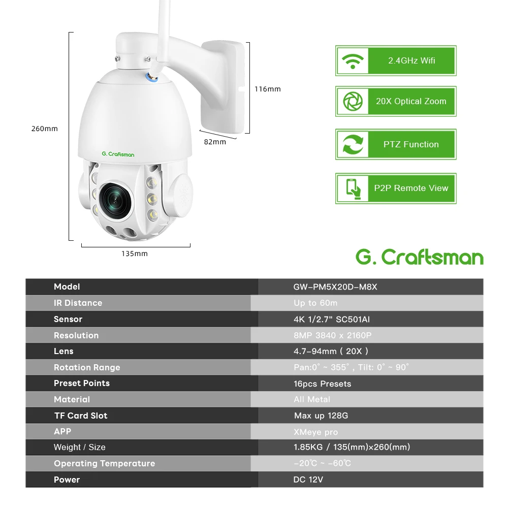 G.Craftsman 4K 20X Optical Zoom WIF Wireless PTZ 4.7-94mm Lens SD Card Surveillance Security CCTV Video ICSEE XMeye