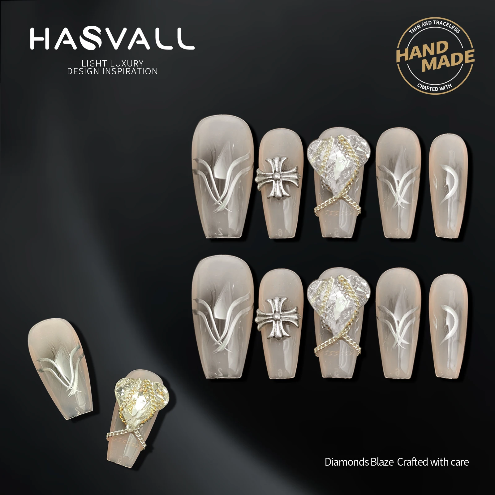 

HASVALL 10pcs Handmade Medium Coffin Press on Nails 3D Hand-Painted Gel UV Reusable False Nail Tips Full Cover Artificial Nails