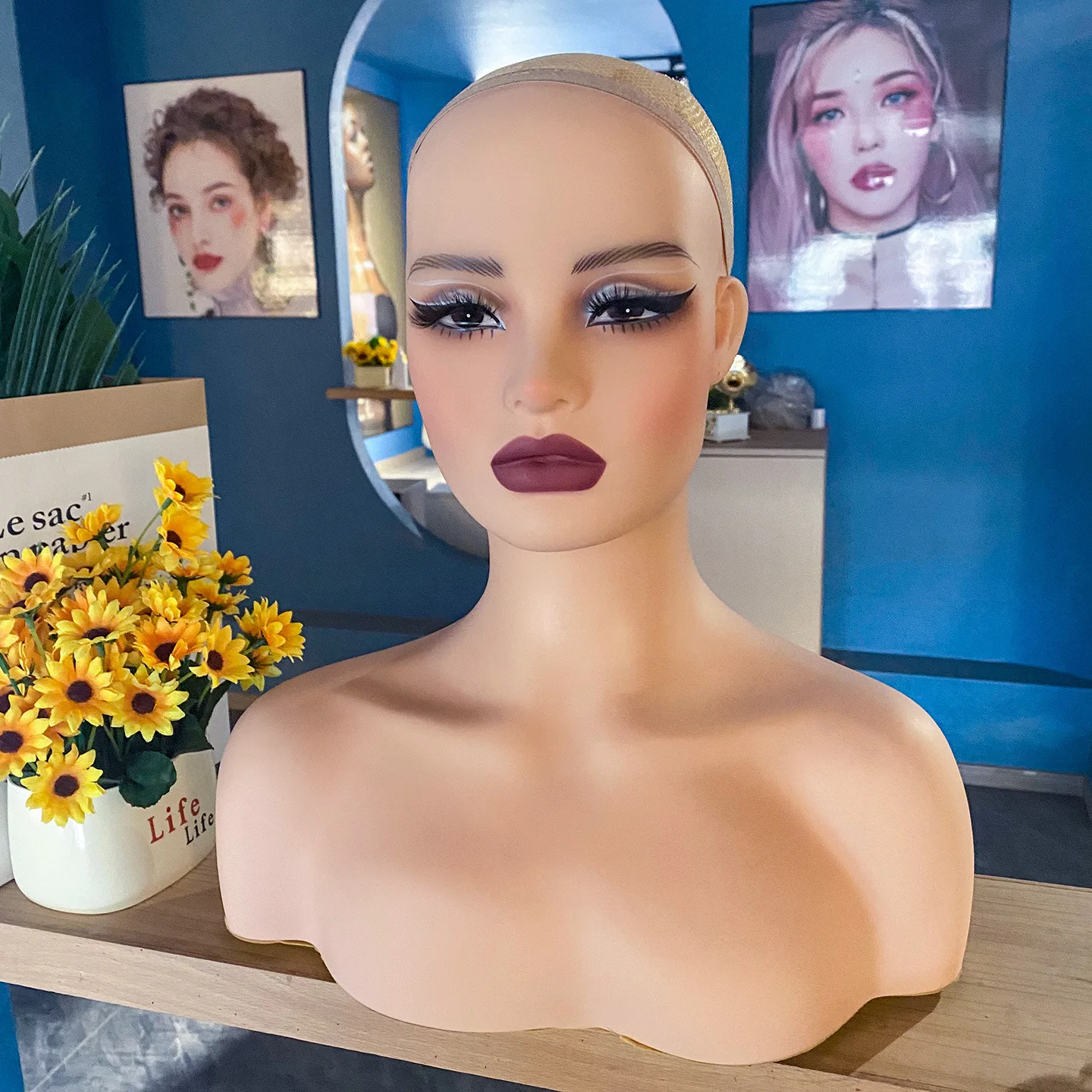 Realistic Female Mannequin Head with Shoulder Display Manikin Head Bust for Wigs,Makeup,Hats, Jewels Displaying,with Mount Hole