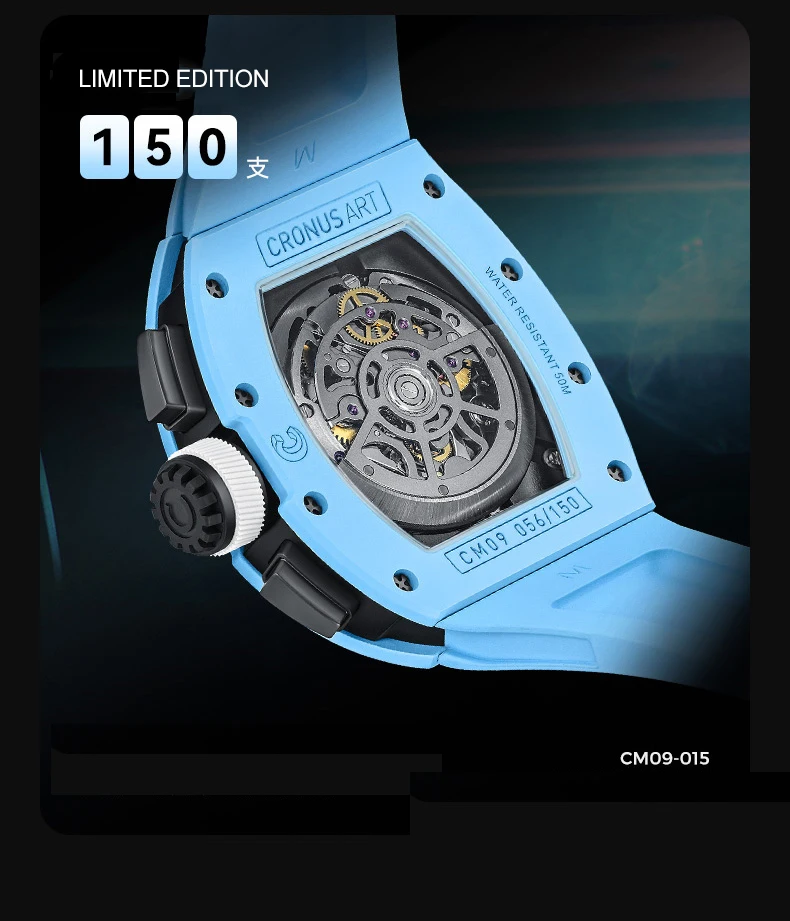 CRONUSART 남자 크로노 그래프 시계 토노 탄소강 케이스 50mm * 42mm 자동 기계식 손목 시계 빛나는 불소 고무 스트랩