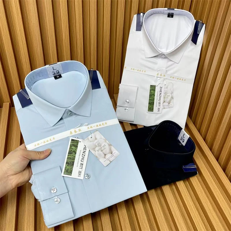 

Итальянская мужская рубашка с длинным рукавом и воротником-стойкой из натурального бамбукового шелка, повседневная, дышащая, тонкая, для делового стиля