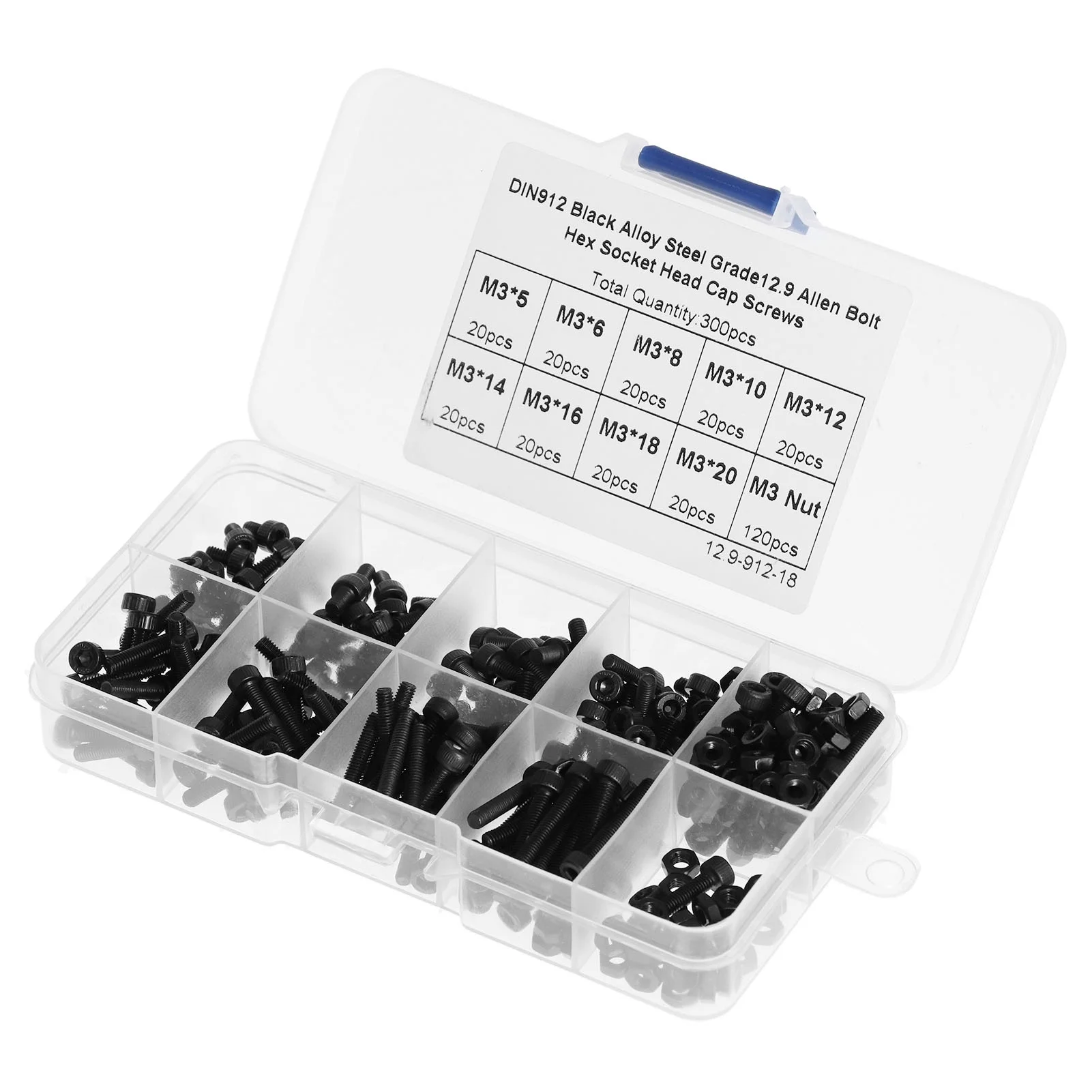 300Pcs Hex Screws Nuts Assortment M3 Socket Head Cap Bolts Kit Alloy Steel Fastener DIN912