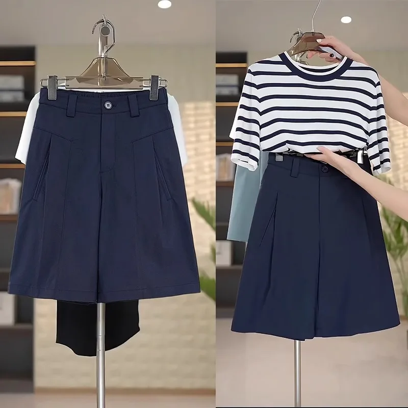 

Navy Blue Shorts for Women, Loose Fit, Five-Point Pants, Summer Thin Casual Mid-Length Shorts