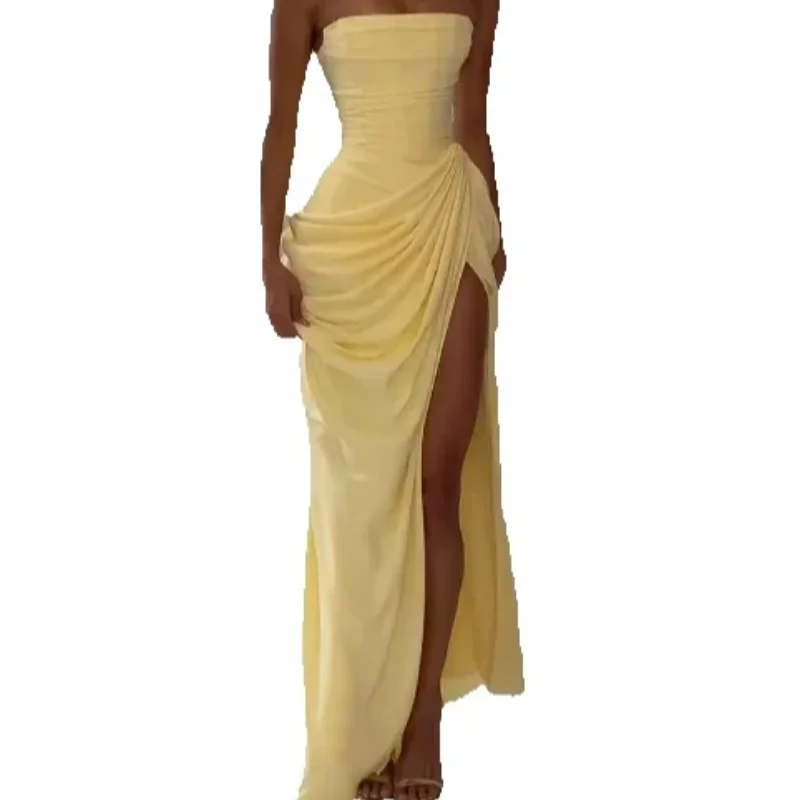 Chique dames maxi-jurk met gerimpelde taille, hoge dijsplit, zwierige strapless elegante jurk, romantische feestjurk, unieke jurken, nieuw. - afbeelding 2