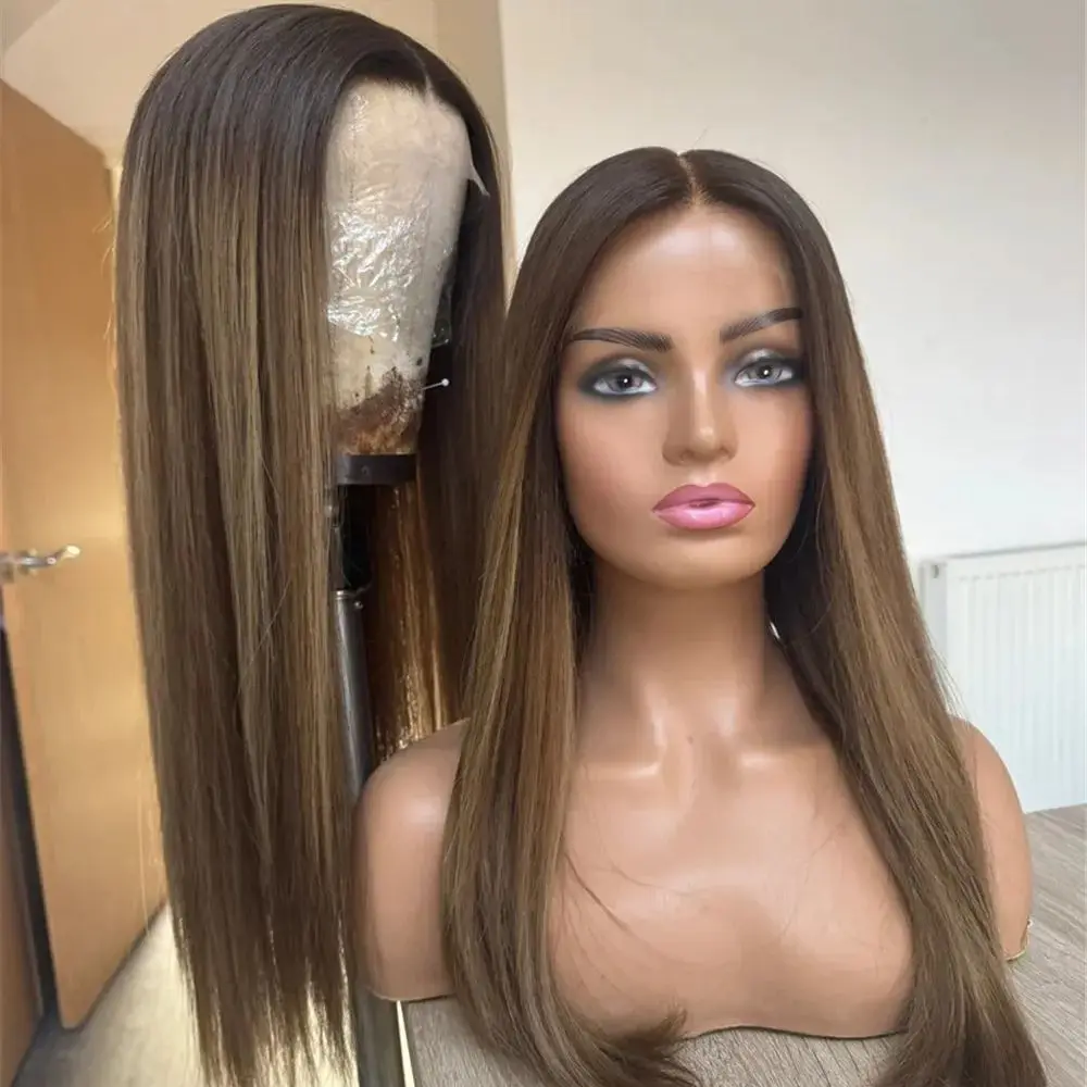 High Quality Light Brown Synthetic Wigs Straight Balayage Not Knotted Straight Soft Glueless Lace Frontal Wigs For Women 13*4 HD