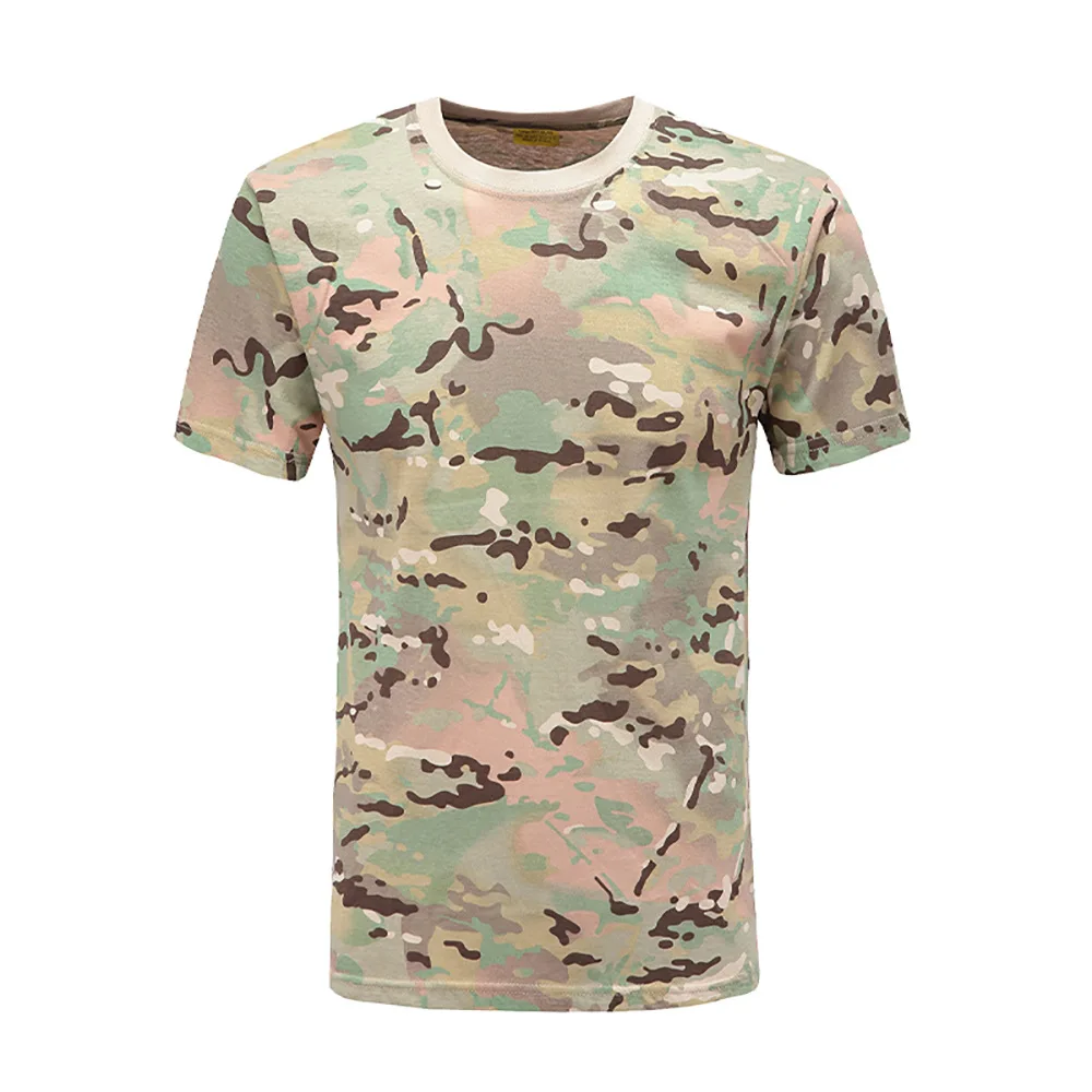 Camiseta de algodón de camuflaje, uniforme de entrenamiento transpirable de media manga física de verano para fanáticos militares, camiseta táctica de cuello redondo