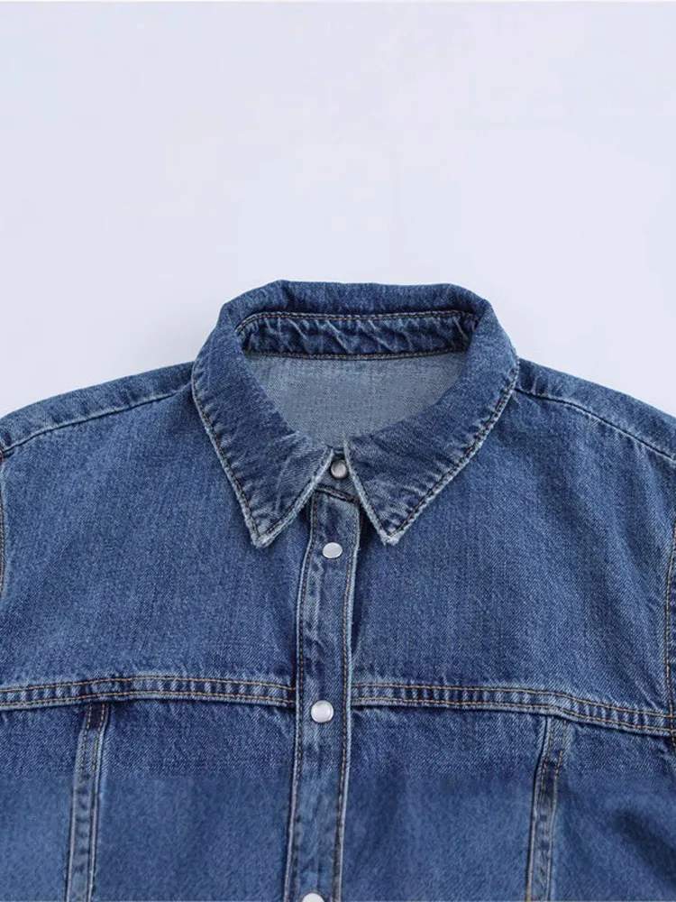 Mulheres denim camisa vestido lapela a linha cinching cintura jeans saias single-breasted mangas compridas lavado vestido angustiado 2025