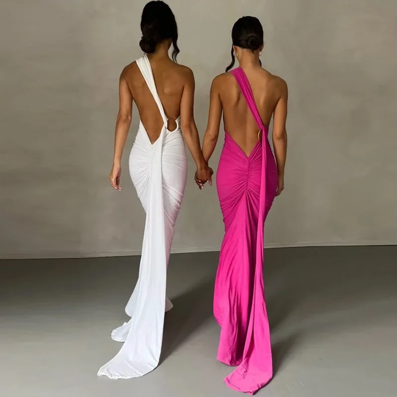 

2024 Summer One Shoulder Backless Adjustable Scarf Loop Pleats Sexy Maxi Dress Elegant Street Wear Festival Wear For Women