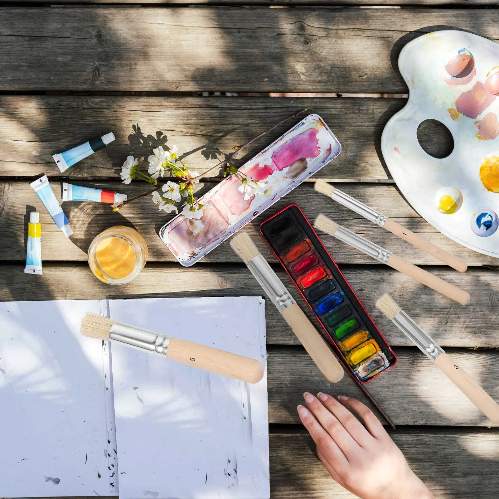 مجموعة 5 قطع من فرش الاستنسل ذات المقبض الخشبي ذات الشعيرات الطبيعية، فرشاة رسم فنية متعددة الأغراض للألوان المائية والزيت والأكريليك والخشب والسيراميك #3