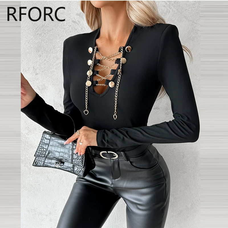 2024 Women Deep V Neck Criss Cross Chain Decoration Knitting Basic Black Blouse Top