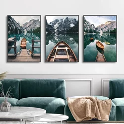 3 STKS Natuur Landschap Poster Bergmeer Boot Nordic Foto Muur Canvas Schilderij voor Woonkamer Slaapkamer Home Decor