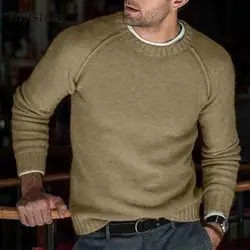 Vintage O Neck Long Sleeve Knit Sweater Mens Autumn Daily Casual Simple Solid Color Knitted Tops Men Fashion Knitting Pullovers