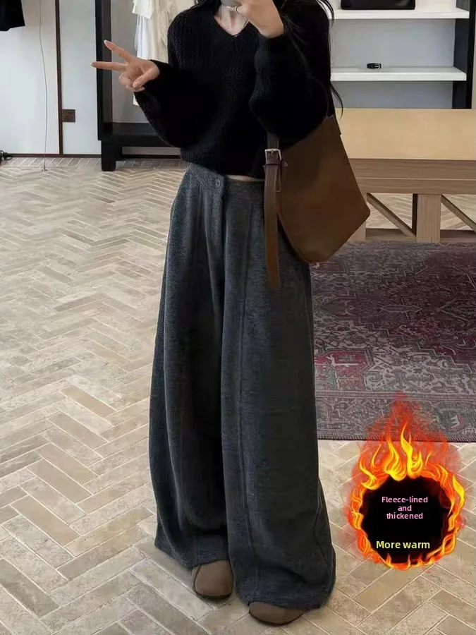 

plus Size Women's Deep Grey Woolen Straight Leg Pants High Waist Loose Fit Thickened Autumn Winter Fashion Commute Style