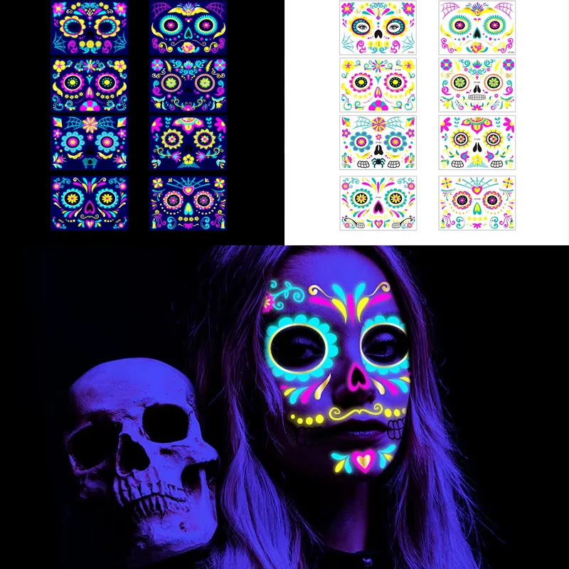 

Водостойкая временная татуировка-наклейка, блестящая флуоресцентная наклейка для лица, День мертвых, музыкальный фестиваль Хэллоуина, светящийся макияж