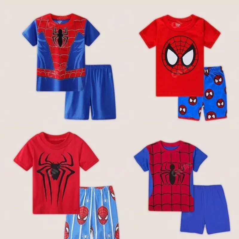 Cartoon SpiderMan Children's Short Sleeve Set Avengers Anime Movies Kid Summer T-shirt Shorts Home Clothing Suits Birthday Gift