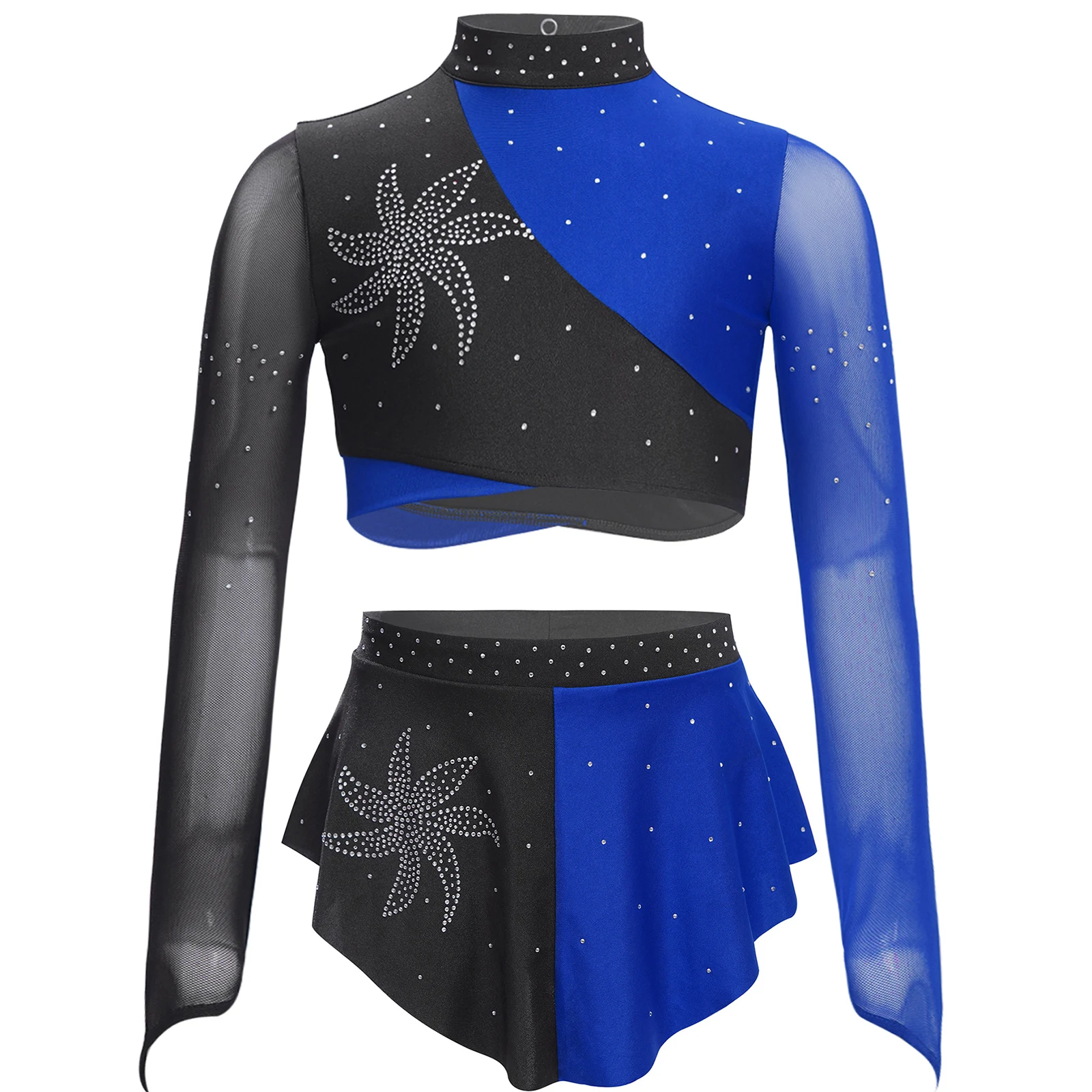 Costume de danse lyrique de Ballet pour enfants filles, maille transparente, manches longues, trou de serrure au dos, haut court avec jupe, tenue de spectacle de Ballet Jazz