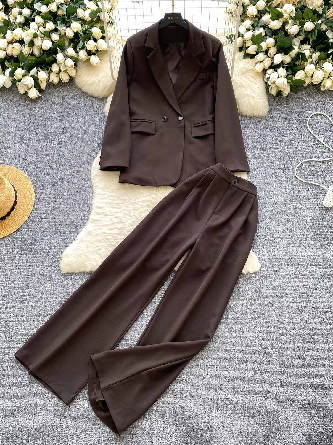 

Ele Briti Sle Women's Suiting Set Long Sve High Waist Straight Leg Pants Faionable Autumn Outfit Two-Piece Ensemble