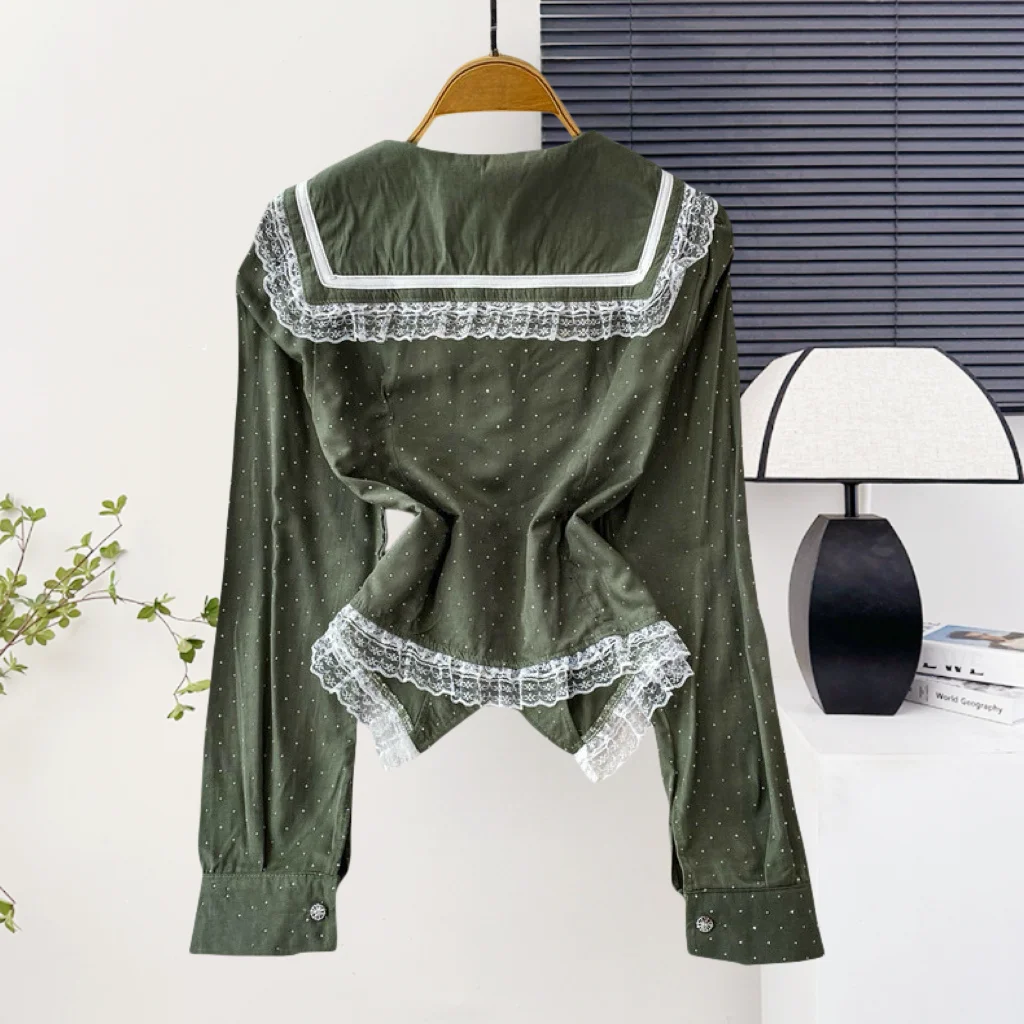 블랙,새로운,여름,한국어,스타일,슬림,블라우스,짧은,패션,섹시,버튼,패치워크,레이스,반짝이는,다이아몬드,여성,긴 소매,탑,562703