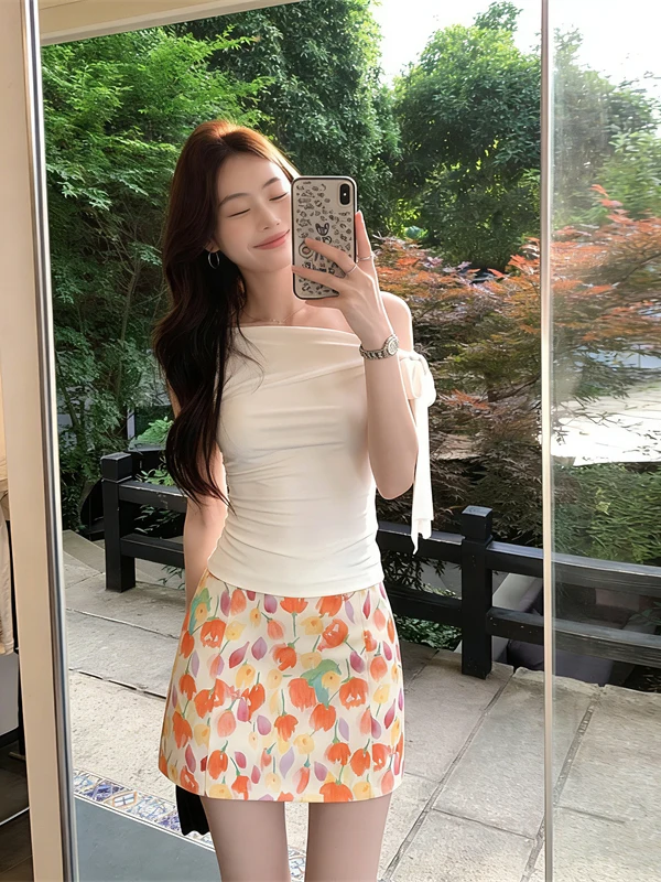 Summer Fashionable  Knot Tie Side Shoulder Slim Fit Women's Top Super Beautiful Exposure Shoulder T-shirt Ins Style