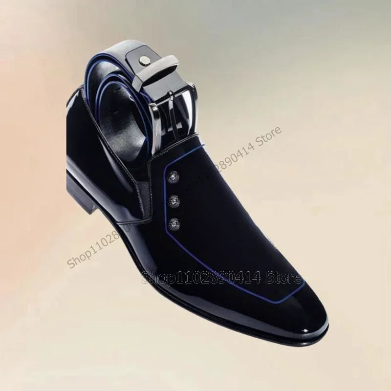 

Blue Button Decor Leather Splicing Flock Loafers Fashion Slip On Men Shoes Luxury Handmade Party Banquet Office Men Dress Shoes
