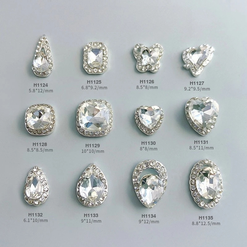 5Pcs Alloy Large Nail Charms Transparent Silver Crystal Oval Square Irregular Rhinestones for Press On Nails Manicure Decoration