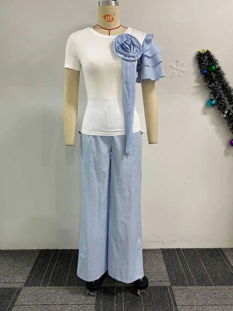 Wide Leg Woman Pants Set Summer Appliques White Top and Stripe Trouser Two Piece Office Ladies Wear Wholesale Dropshipping