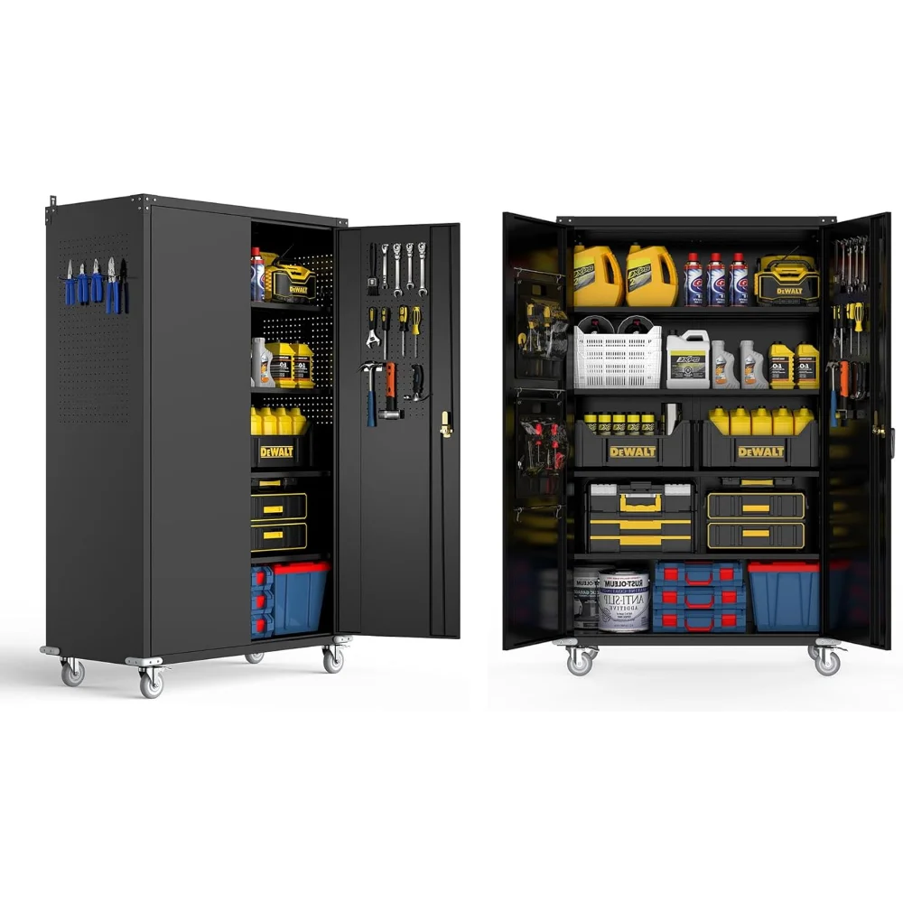 

Wide & Deep Garage Storage Cabinet with Wheels & Pegboards, 72" H Metal Storage Cabinet with Locking Door