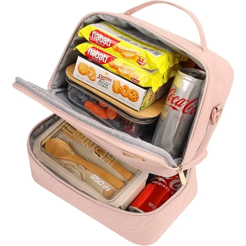 Lunch Bag for Women, Insulated Two Separate Compartments Lunch Box with Adjustable Shoulder Strap, Leakproof Lunch Cooler Bag