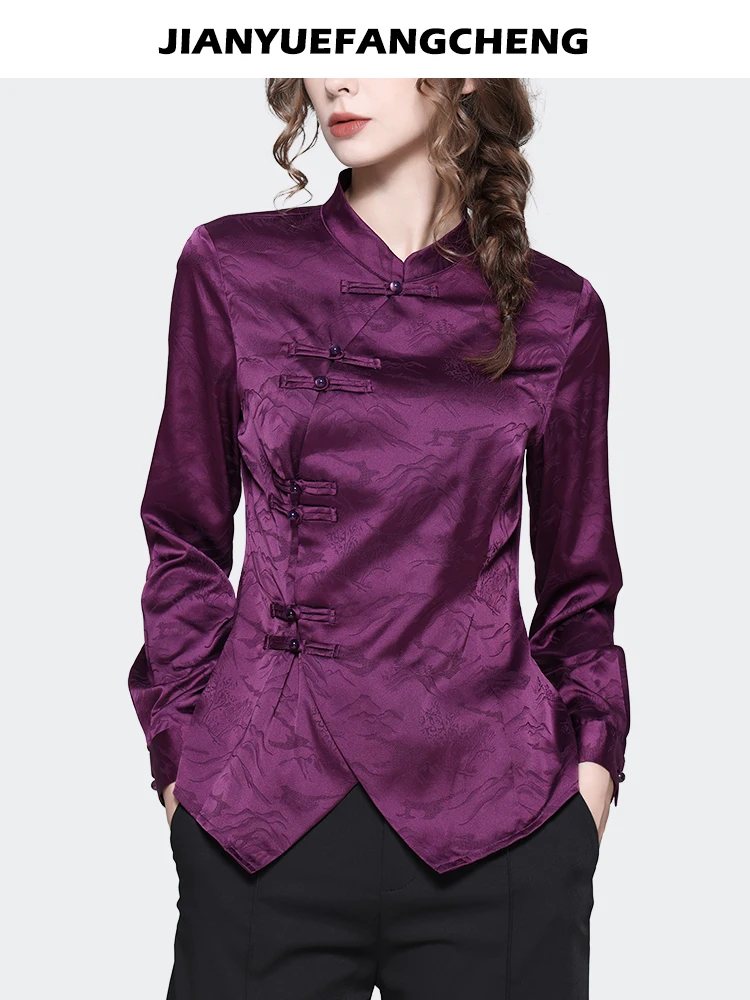 Vintage Chinese Style Women Purple Satin Jacquard Blouse Elegant Slim Long Sleeve Turtleneck Tops Chic Button-down Shirts