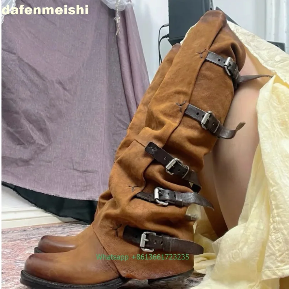 

Belt Buckle Western Cowboy Boots Women's Trousers Pleated Mid-Calf Boots Round Toe Platform Street Fashion Knee-High Boots