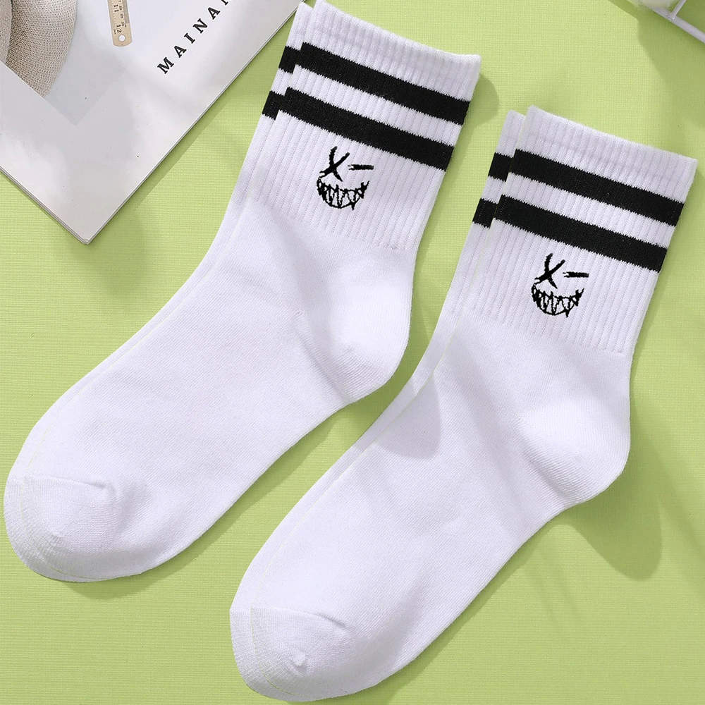 2 Pairs Embroidered Mid Length Socks Men's Parallel Bars Fashionable Mischievous Designsimple Autumn Warm High-quality Boy Socks