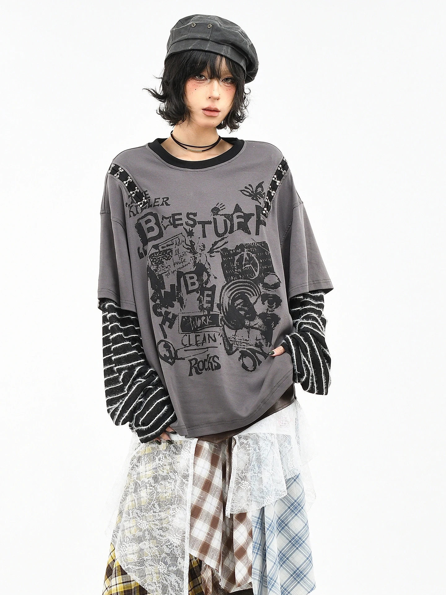 

OV Original American Light Stripe Pattern Long Sve T-irt Women's Loose Casual Spring Couple Top Fake Two-Piece Design Co...