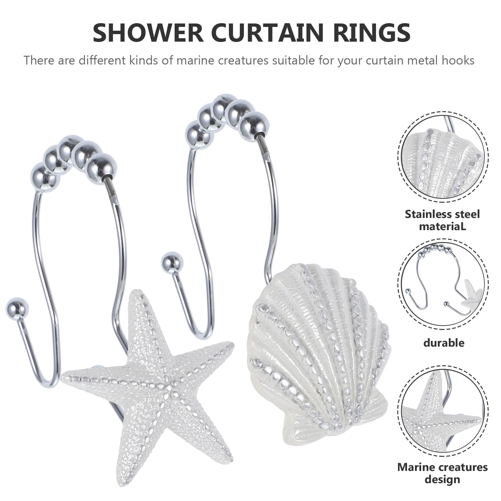 

12Pcs Bathroom Shower Curtain Hooks Stainless Steel Marine Creatures Design Rust Proof Hangers Curtain Hooks