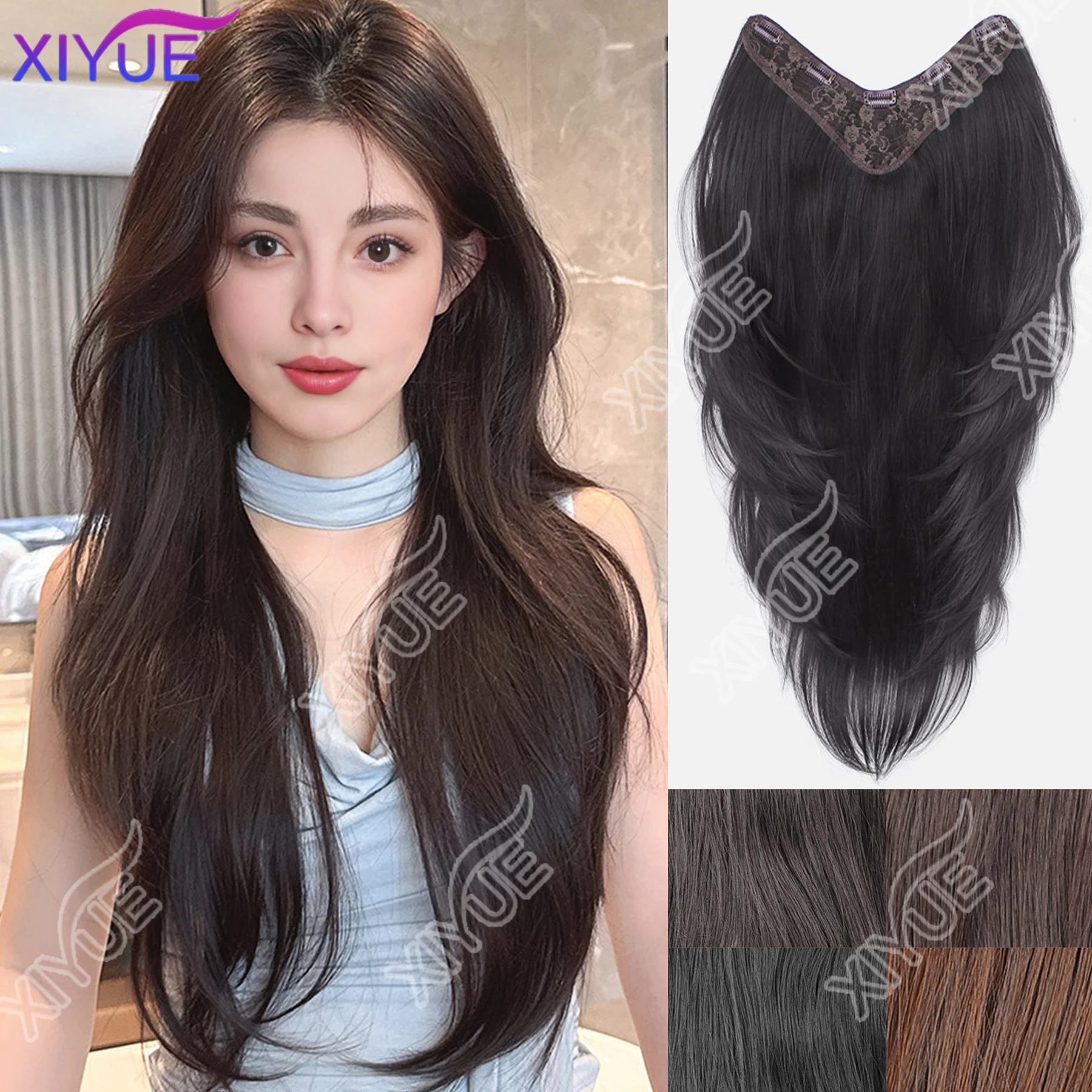 

XIYUE 26-дюймовая синтетическая прямая многослойная накладная прядь для волос V-образной формы с 5 клипсами, термостойкая, для женщин