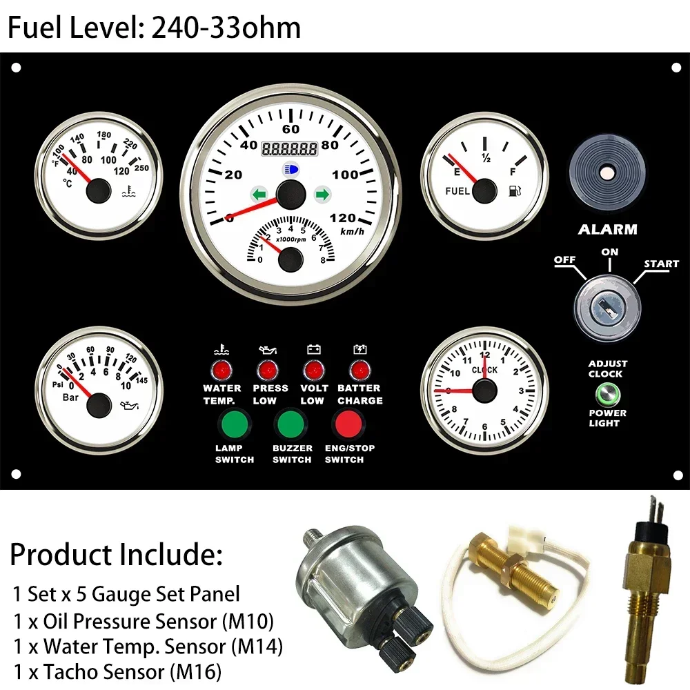 12V Multifunction 5 Gauge Set Panel with 120km/h GPS Speedometer +Tachometer Fuel Level Water Temp. Oil Pressure Clock 300*190mm