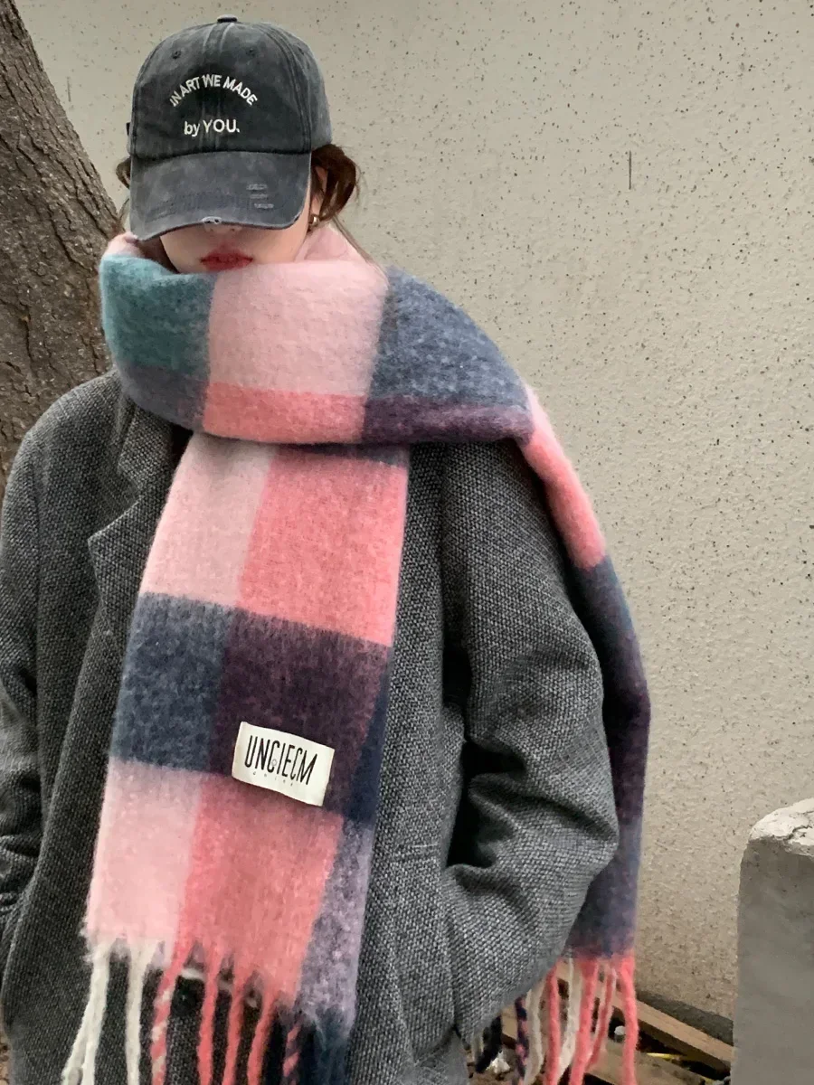 

Marshmallow Pink Scarf For Women 2024 Rainbow Plaid Scarf Autumn Winter Plaid Scarf Long Shawl Warm Soft Thickened Large Shawl