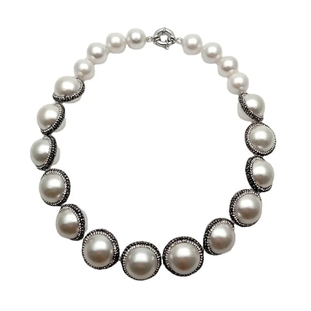 Y.YING Big Statement Necklace White Sea Shell Pearl Black Crystal Pave Women Jewelry