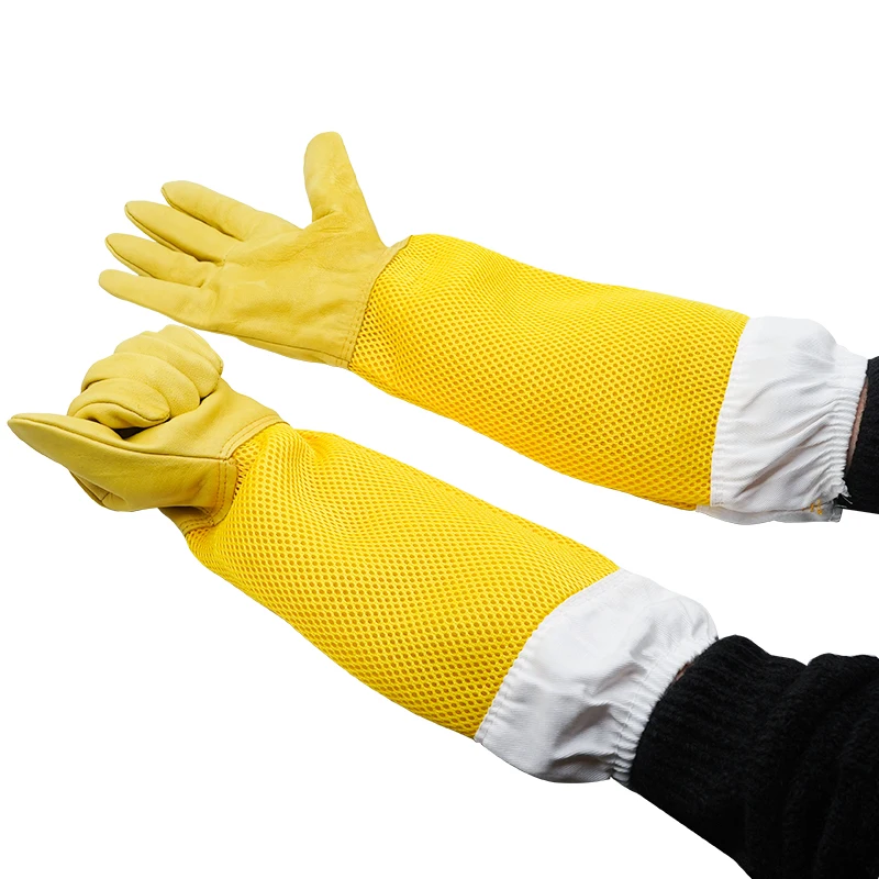 Beekeeping Protective Gloves, Beekeeper Sleeves Breathable Anti Bee Cloth, Apiculture Sheepskin Long Yellow Mesh Gloves 1Pair