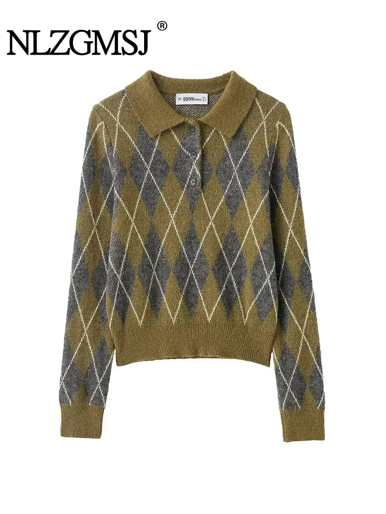 

NLZGMSJ Women 2025 Winter Argyle Knitted Tops Women Causal Polo Collar Button Pullover Sweater Autumn New Women Knitwear