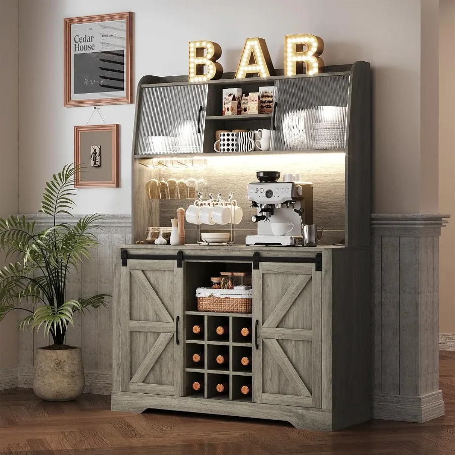 65 بار القهوة مزرعة القهوة بار مع محطة شحن مصباح ليد خزانة بوفيه مع تخزين طويل القامة بار المطبخ خزانة القفص ث