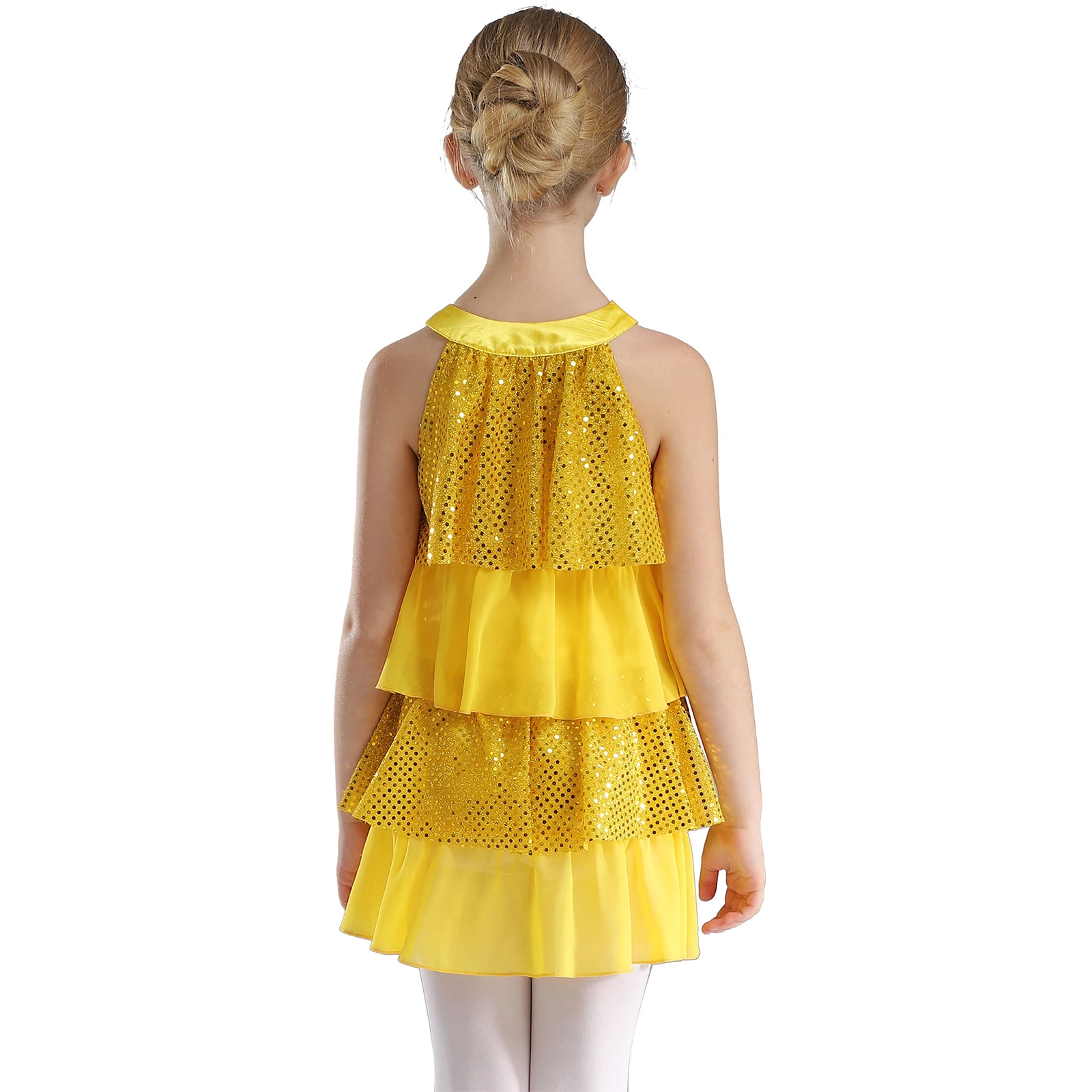 Kinder Mädchen Ballett Tanz kleid ärmellose glänzende Pailletten gestufte gekräuselte Jazz Latin Dance Skating Gymnastik Performance Kostüm