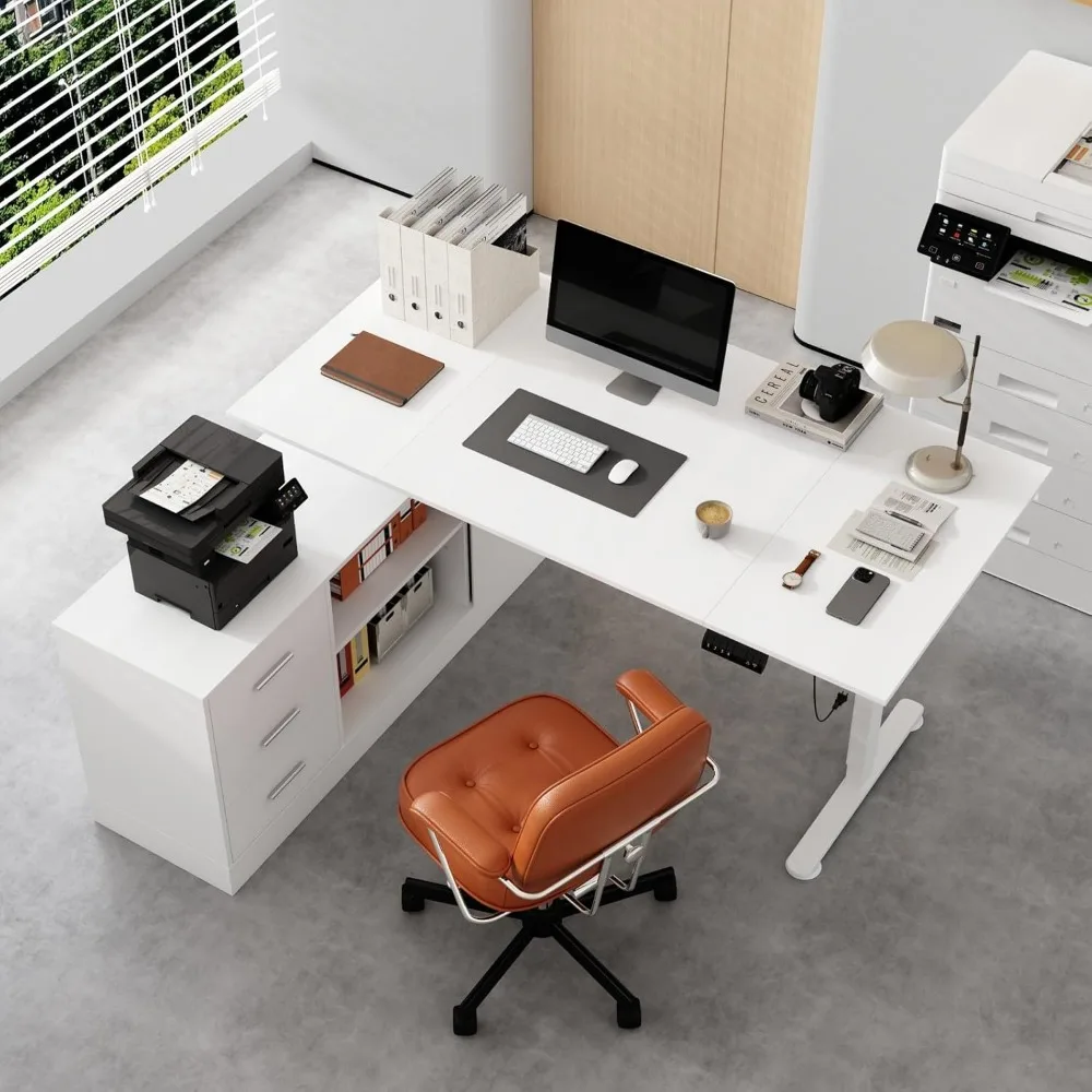 

L-Shaped Standing Desk with Drawers and Shelves, 63 x 31.5 inches Electric Standing Desk, 29”-44” Height, Adjustable Desk with