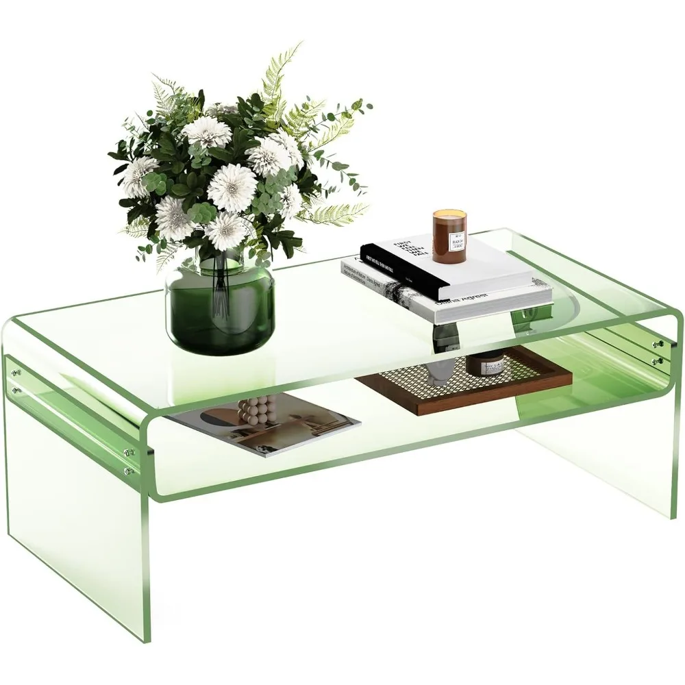 Acrylic Coffee Table Living Room Clear Rectangle Lucite Table with Open Storage Shelf Suitable contemporary home decor styles